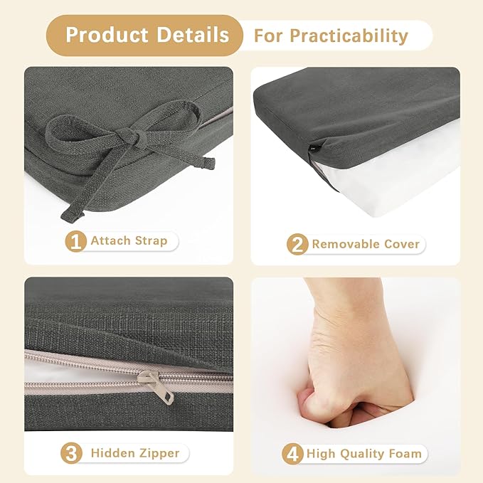 Favoyard Outdoor Bench Cushion 36 x 14 Inch Rainproof Patio Furniture Cushions 3-Year Color Fastness Garden Settee Porch Pads with Ties, Dark Gray