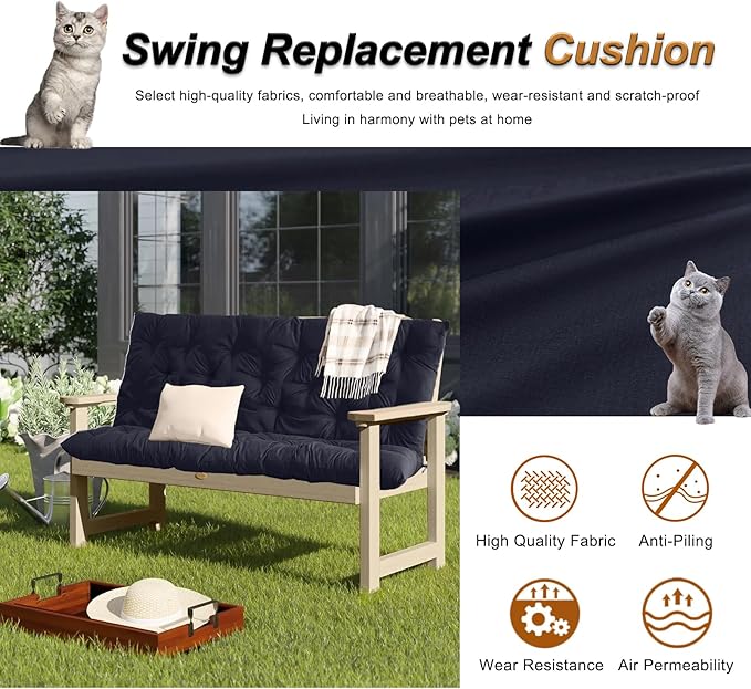 2-3 Seat Swing Replacement Cushion, Outdoor Bench Cushions with Backrest Thicken 4", Patio Furniture Garden Porch Loveseat Glider Pad Anti-Fading Waterproof (Navy Blue, 40x70in)