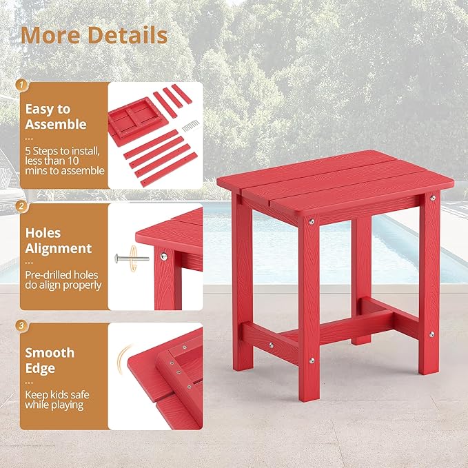 LUE BONA Outdoor Side Table Set of 2, HDPS Small Outdoor Table, Adirondack Side Table, Outside End Table for Patio, Porch, Pool, Weather Resistant/Easy Maintenance/Indoor or Outdoor Use, Bright Red