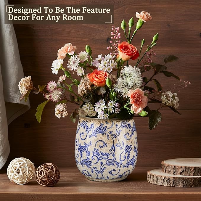 Vintage Ceramic Flower Pot with Ice Crackle Rustic Planter with Drainage Holes for Indoor and Outdoor Decor Home Living Room Garden Decor Gardening Gift(Vintage Style)