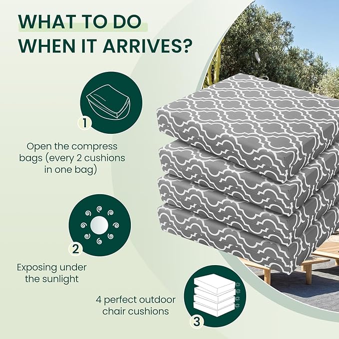 HARBOREST Outdoor Chair Cushions Set of 4, Water Resistant Patio Chair Cushions with Ties, Square Corner Outdoor Seat Cushions for Patio Furniture, 18.5"x16"x3", Grey Geometry
