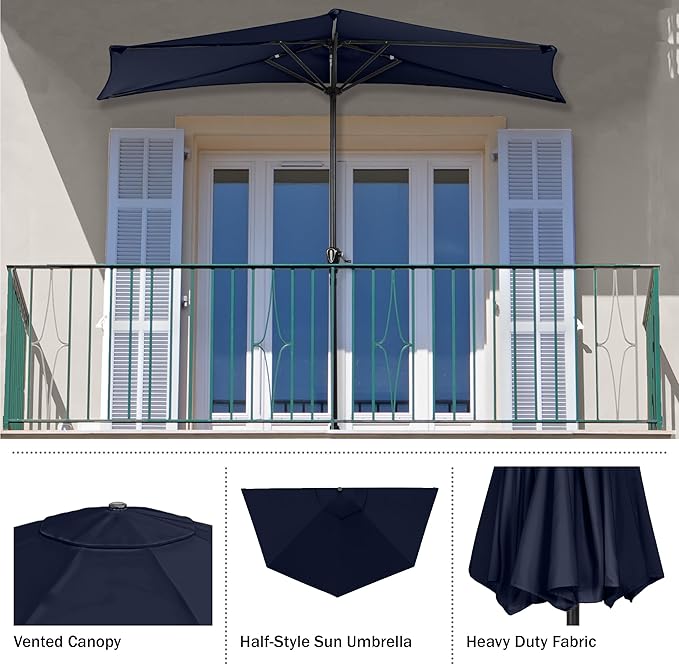 Half Umbrella Outdoor Patio Shade - 9 ft Patio Umbrella with Easy Crank - Small Canopy for Balcony, Table, or Deck by Pure Garden (Navy Blue)