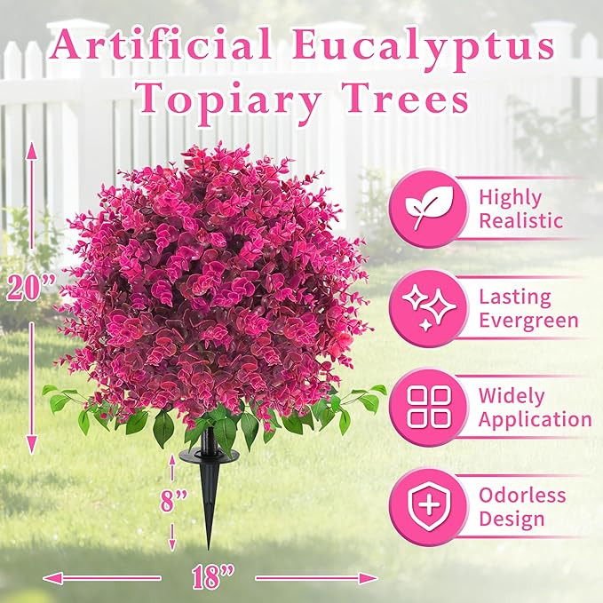 Artificial Topiary Tree with Eucalyptus, Set of 4 UV Resistant Fake Evergreen Shrubs with Ground Spike for Porch, Artificial Plants for Outdoor Indoor Garden Planters, Lifelike Decor
