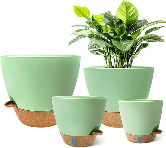 MNKXL 12"/10"/9"/8" Self Watering Pots with Visual Water Window,Extra Large Self Watering Plant Pots with Drainage Holes & Saucers,Green Planters for Indoor Plants,4-Pack