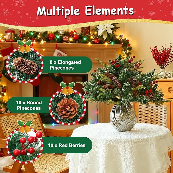 JOYHALO 2 Pack Set 21Inch Christmas Urn Filler with 50 Lights Remote Controlled in Multicolor, Christmas Pot Fillers with PVC&PE Branches, Outdoor Christmas Trees for Porch Pathway Yard Decorations