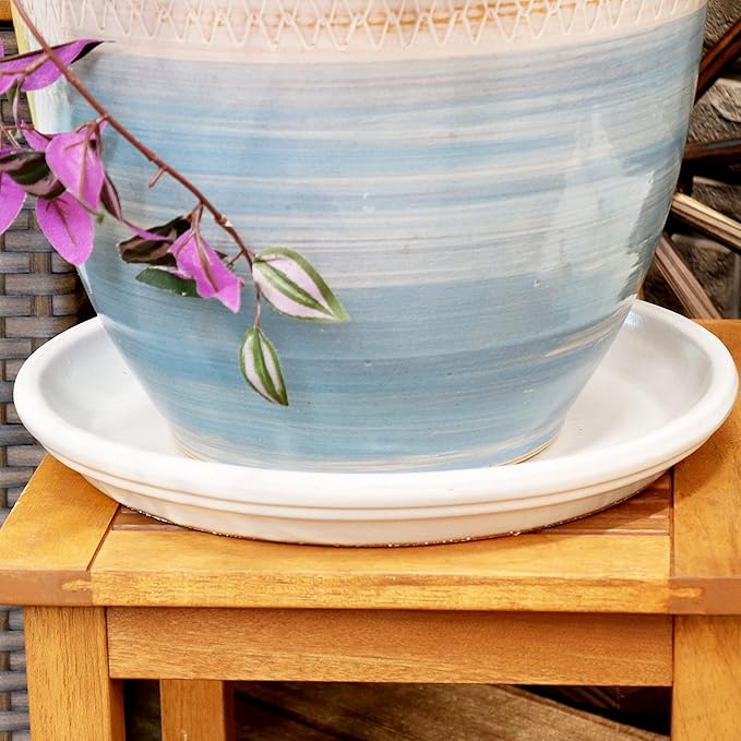 Sunnydaze 12-Inch Ceramic Plant Saucers - Plant Drip Trays for Outdoor Planter Flower Pot Drainage - Set of 2 - Pearl