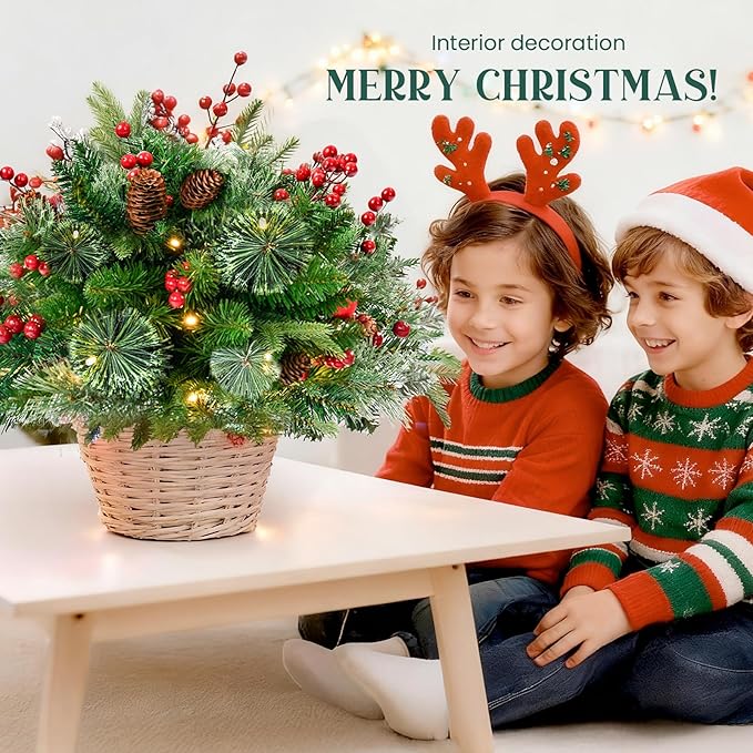 2 Pack Lighted Artificial Christmas Urn Filler,Pre-Lit 50 LED Outdoor/Indoor Trees with 8 Modes & Auto Timer,Battery Operated Christmas Trees Porch Decorations for Home, Porch & Yard (18 Inches)