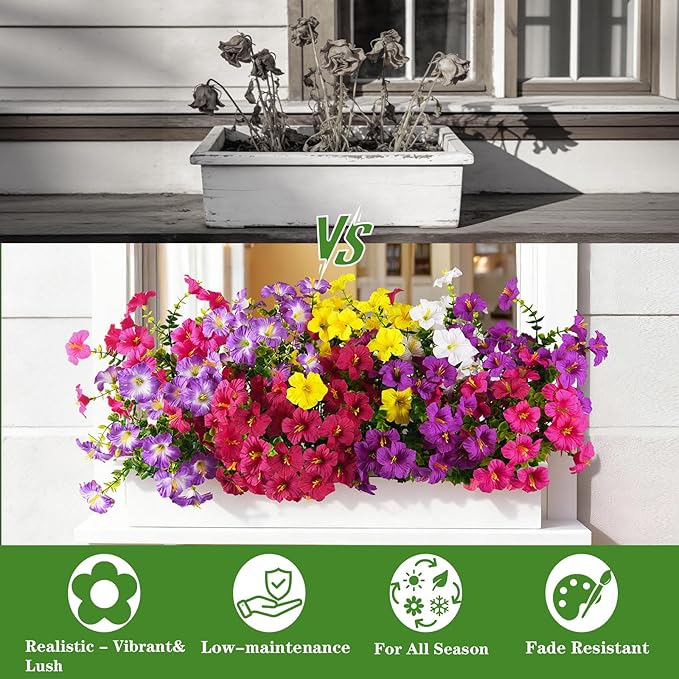 Artificial Fake Petunias Flowers for Outdoors Spring Decoration, 12 Bundles Faux Flower Plants UV Resistant Realistic Silk Flower for Outside Planters Patio Porch Yard Window Box (6 Mix Colors)