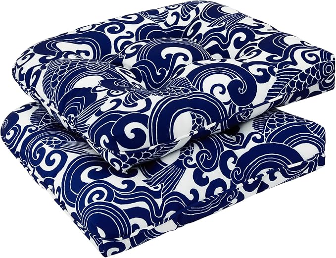 downluxe Outdoor Chair Cushions Set of 2 for Patio Furniture, Waterproof Tufted Overstuffed Patio Furniture Cushions, Thick Outdoor Seat Cushion, 19" X 19" X 5", Blue Carp
