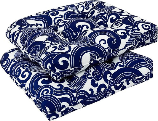 downluxe Outdoor Chair Cushions Set of 2 for Patio Furniture, Waterproof Tufted Overstuffed Patio Furniture Cushions, Thick Outdoor Seat Cushion, 19" X 19" X 5", Blue Carp