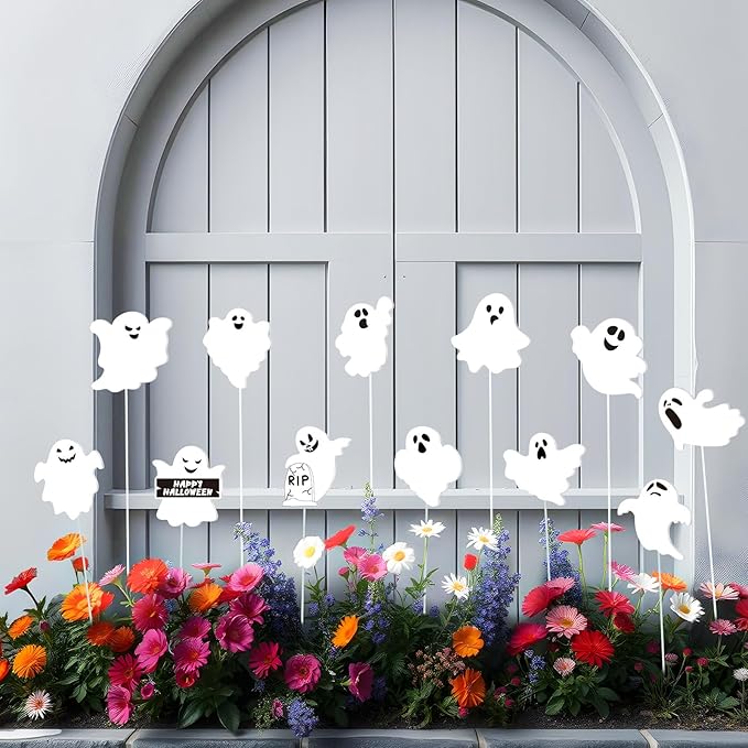 12 Pcs Halloween Ghost Garden Stakes Spooky Planter Stakes Double Sided Yard Signs Waterproof Cute Outdoor Decorations for Home Potted Planter Lawn Garden Yard Party Favor(Halloween Ghost)