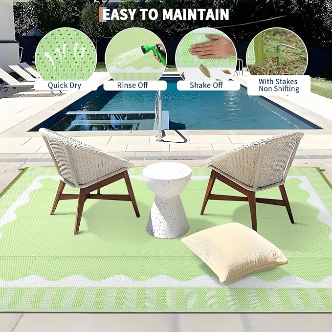 Outdoor Rug 8x10 Waterproof Patio Rugs Scalloped Border Reversible Mat for Front Door Rv Foldable Plastic Straw Carpet for Travel Trailers, Picnic, Porch, Camper, Balcony, Beach，Light Green