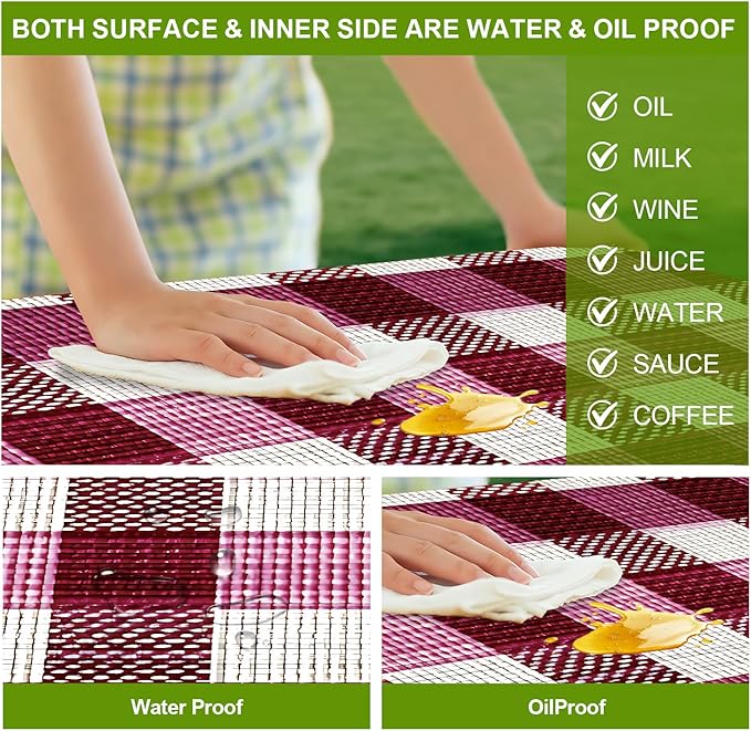 Picnic Table Cover with Bench Covers Set of 3 - Wine Purple Checkered Tablecloth, Elastic Fitted for 6 Ft Tables, Washable Polyester Cover for Camping, Indoor & Outdoor