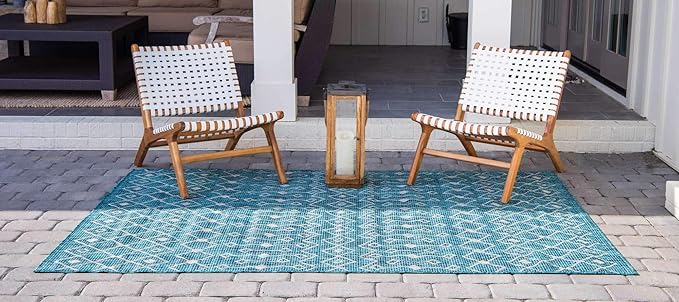 Unique Loom Outdoor Trellis Collection Area Rug - Tribal Trellis (4' 1" x 6' 1" Rectangle, Teal/ Ivory)