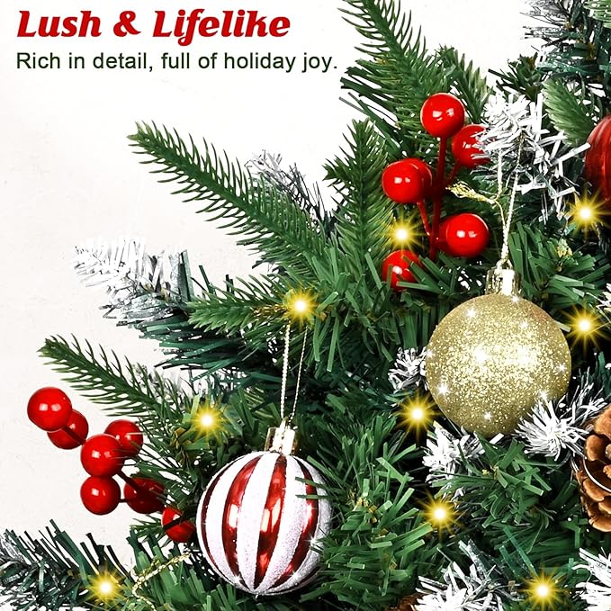 2 Pack Christmas Urn Filler, 24" Prelit Planter Bushes Outdoor Christmas Tree with 50 LED Lights, Pine Cones, Red Berries & Christmas Balls for Front Porch Pathway Yard Decorations