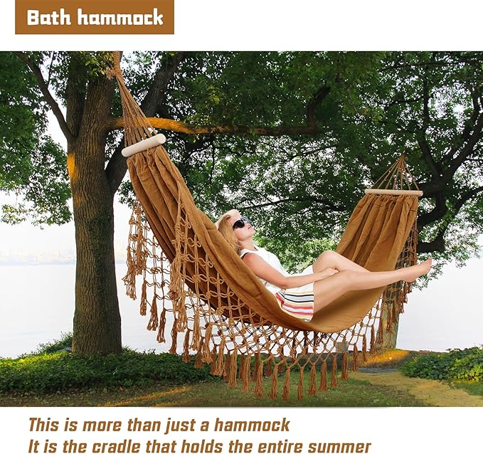 Beautiful Boho Style Hammock,Bohemian Outdoor Portable 1 Person Hammock,for Suitable for Patio, Beach, Garden,Wedding Decor (Khaki)
