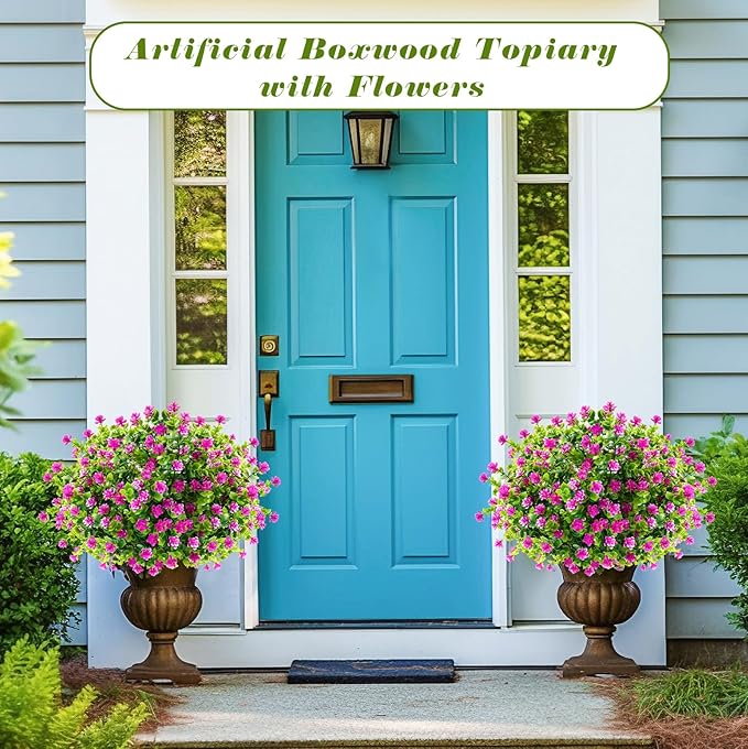 Yunlly 2 Pcs Outdoor Artificial Topiary Ball Trees 22" with Colorful Flowers, Boxwood Fake Bushes Shrubs with Spike, UV Resistant Evergreen Plants for Front Porch Garden Decor (Purple)