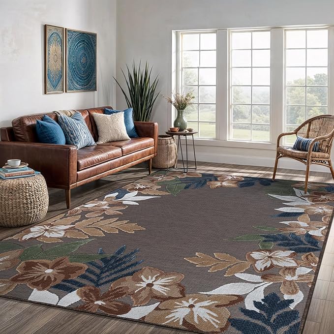 Outdoor Rug 6x9 Washable Area Rugs Indoor Outdoor Carpets Brown Border Floral Non Shedding Waterproof Easy Clean Patio Deck Porch Living Room Bedroom Garden RV (6 X 9 Brown)