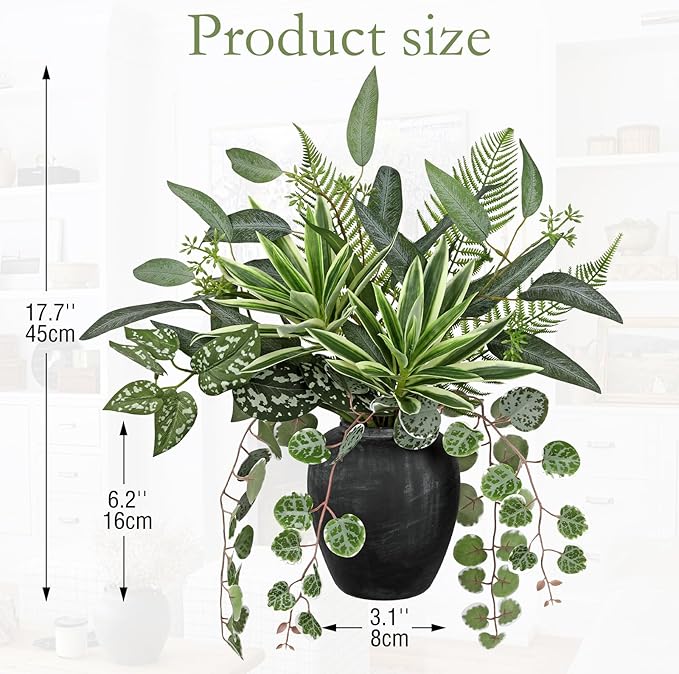 Artificial Greenery Arrangement with Cement Vase, Fake Potted Plants in Rustic Jug Planter, Faux Leaf Bouquet for Table Centerpiece, Farmhouse Home Decor, Dining Room, Living Room, Shelf Decoration