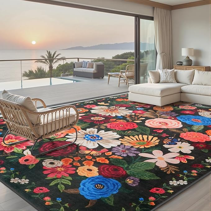 Black Area Rugs 10x14 Living Room, Non Slip Machine Washable Floral Rugs, Low Pile Lightweight Large Rug for Bedroom, Dining Room, Home Office(10 x 14, Black Garden)