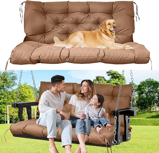 60" Porch Swing Cushion with Backrest, Waterproof Outdoor Bench Swing Cushions 3 Seater Replacement Thickened Swing Cushions with Ties for Patio Garden Backyard,Light Coffee,60x40in