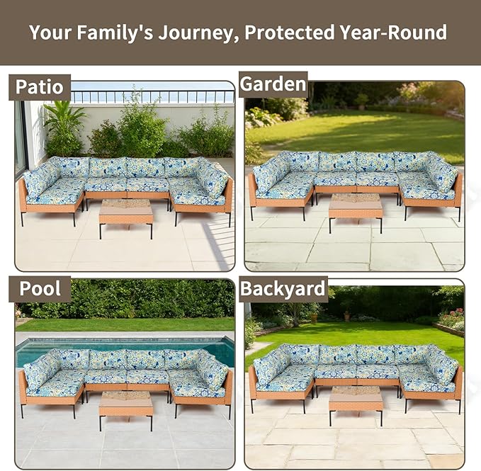 14Piece Outdoor Sofa Cushion Replacement, Patio Furniture Waterproof Cushion with Zippers, fit 6-Seat Outdoor Wicker Rattan Sectional Couch (Moroccan Dream, 24.8"x24.8"x3.15")