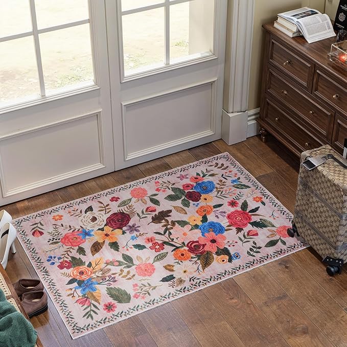 Floral Rug for Entryway, 2X3 Washable Kitchen Mat Ultra-Thin Soft, Non-Slip Indoor Door Carpet Stain Resistant Boho Small Low-Pile Throw for Bathroom Bedroom (2 x 3, Beige/Pink Lawn)