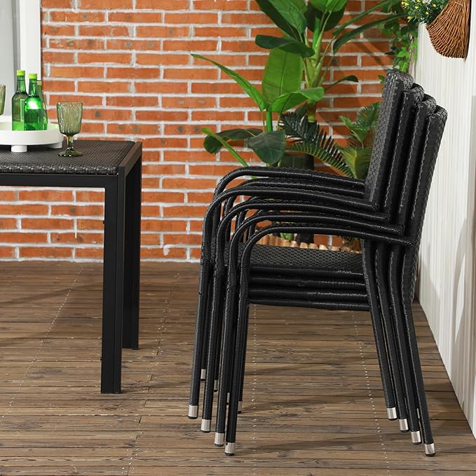 Outsunny Stackable PE Rattan Outdoor Dining Chairs with Cushions, Set of 4 Patio Wicker Dining Chairs with Armrests and Backrest for Patio, Deck, Cream White