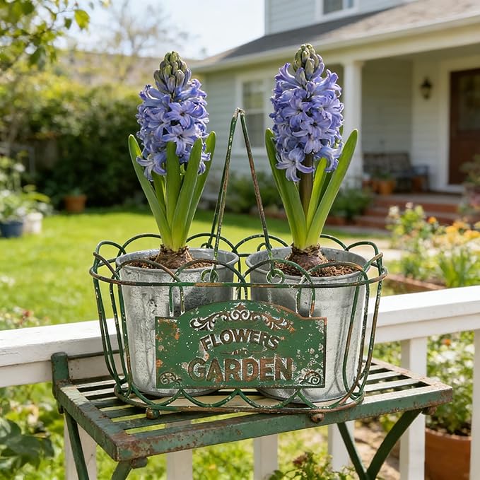 Vintage 2-Piece Metal Planter Set, Distressed Green Iron Wire Basket with Flowers Garden Sign, Rustic Farmhouse Plant Pots for Tabletop, Window Sill & Balcony Decor
