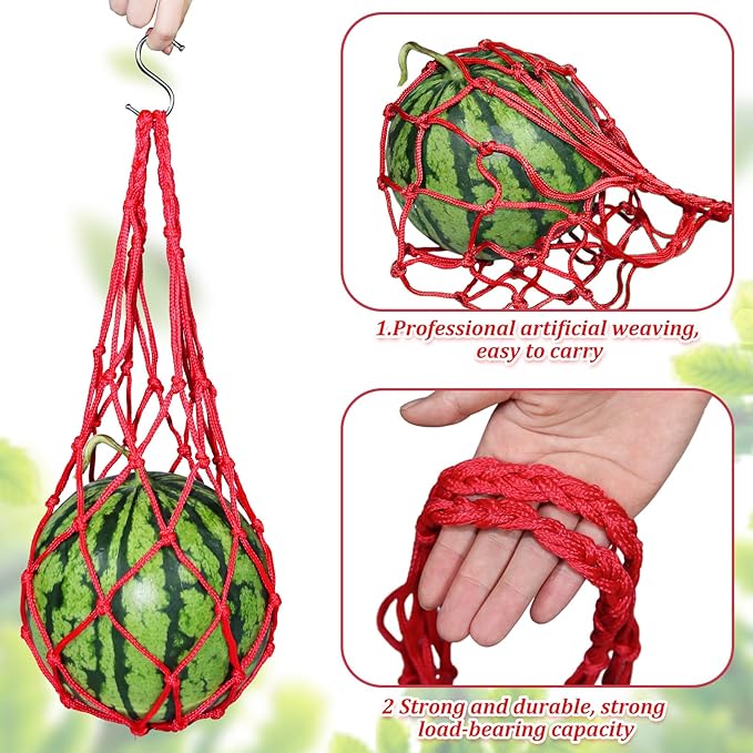 12 Pack Melon Hammocks Cradles with S Hanging Hooks, Heavy Duty Watermelon Nets Melon Hammock for Trellis Pumpkin Hanging Bags for Growing Cantaloupe Pumpkin in Vertical Garden (Red, 12)
