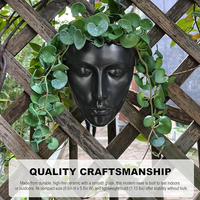 Ceramic Face Wall Planter, Black Head Vase with Drainage Hole, Modern Art Indoor Outdoor Wall Mounted Succulent Planter, Elegant Home Garden Decor