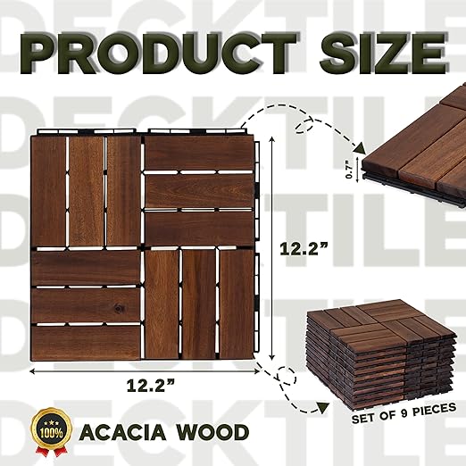 Acacia Wood Flooring Interlocking Deck Tiles for Patio Decor 27 Pcs 12 Slats VR Brown - Waterproof Indoor & Outdoor Decor - Balcony Garden Decking Tile (12.2 * 12.2 * 0.7 inches)