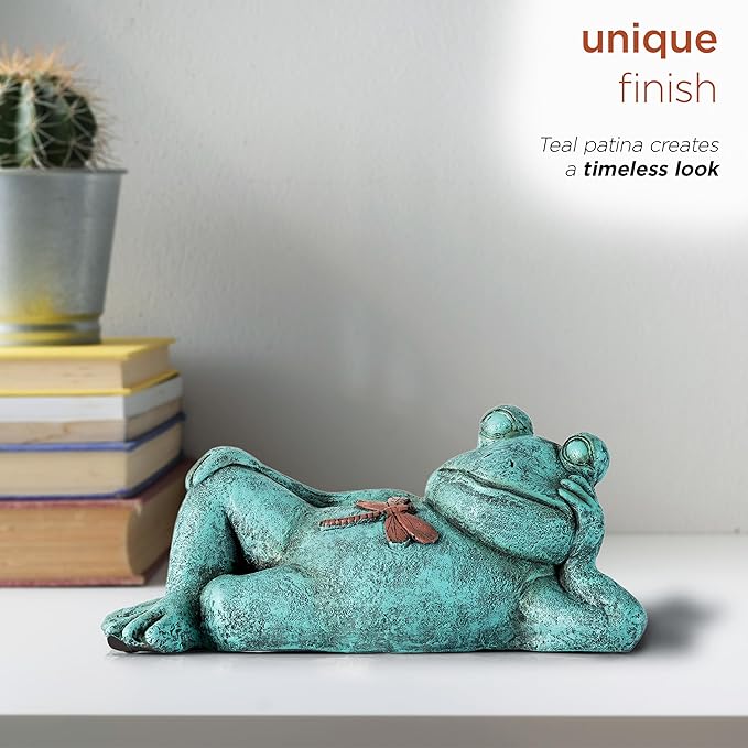 Alpine Corporation 7" Tall Indoor/Outdoor Sleeping Frog with Dragonfly Garden Statue Decoration