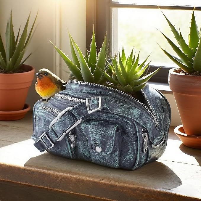 8.5"Denim Bag Bird Succulent Plant Pots,Resin Planter Flower Pots with Drainage Hole,Planting Pots for Cactus,Succulent Planters for Indoor Plants Home Garden Flower Pot Gifts for Plant Lovers