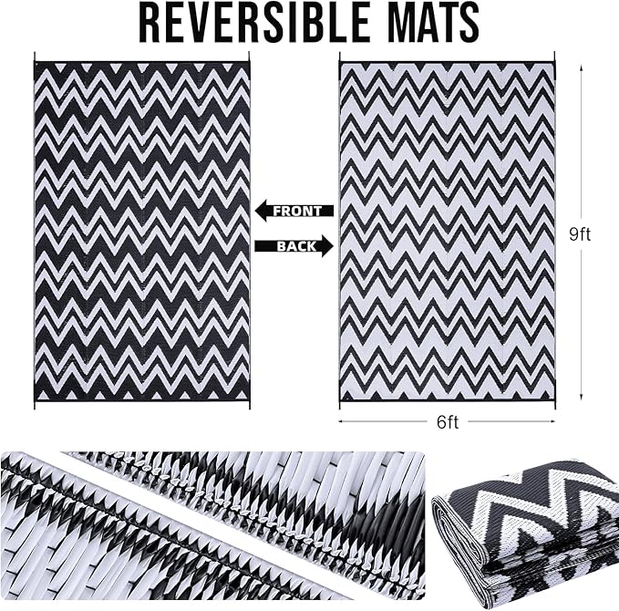 OLANLY Waterproof Outdoor Rug 6x9 ft Clearance, Reversible Outdoor Plastic Straw Rug, RV Mat, Indoor Outdoor Carpet for Patio, Camping, Balcony, Deck, Backyard, Black & White