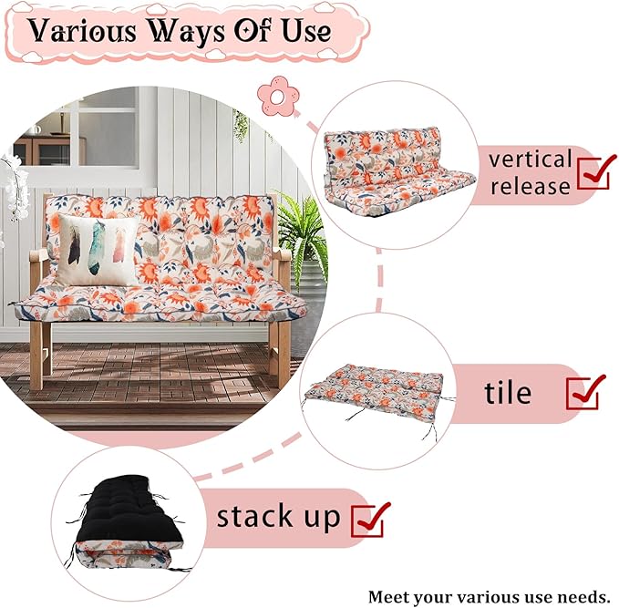 2-3 Seat Swing Replacement Cushion, Outdoor Bench Cushions with Backrest Thicken 4", Patio Furniture Garden Porch Loveseat Glider Pad Anti-Fading Waterproof (Sunflower, 40x63in-thicken)