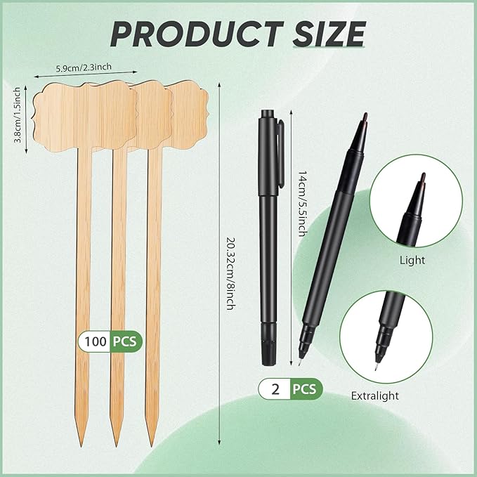 100 Pcs Bamboo Plant Labels 8 Inch Extra Long Plant Tags for Seedlings Garden Markers with Pen T-Type Tags Waterproof Nursery Garden Signs for Outdoor Flower Herb Potted