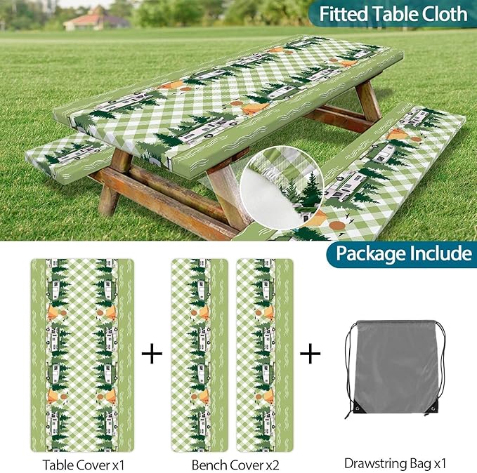 Picnic Table Cover with Bench Covers, Buffalo Plaid Camping Waterproof Windproof Fitted Tablecloth Cover with Elastic Edge, Camping Fitted Tablecloth with Drawstring Bag, 96in, Sage Green