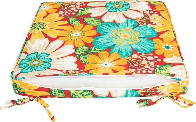Magpie Fabrics Indoor Outdoor Waterproof Square Chair Cushion, 18" x 18" x 2.5", 2 Pack, Water Resistant Seat Cushions, for Patio Garden Office, Ambry Red Hibiscus