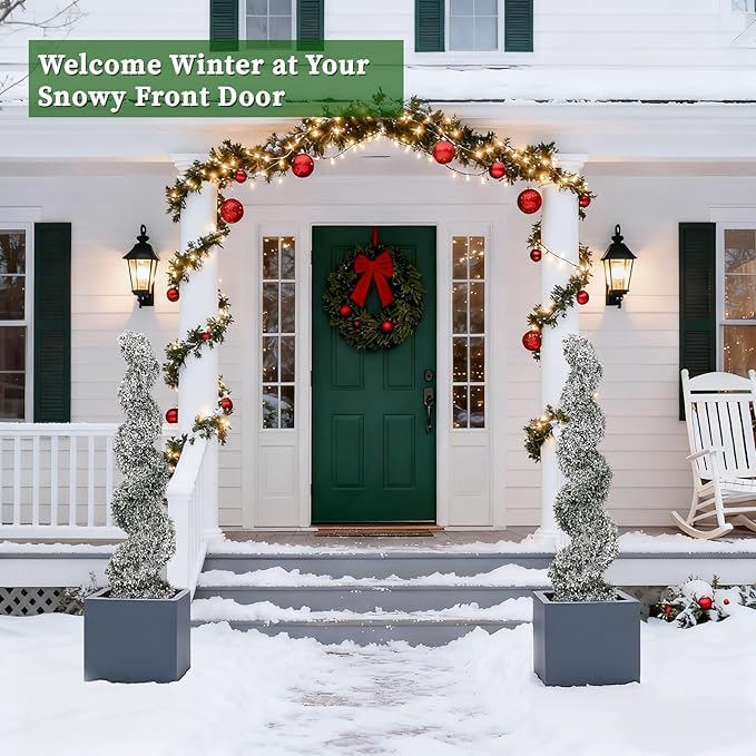 THE BLOOM TIMES 4ft Snow Flocked Spiral Topiary Trees Artificial Outdoor Set of 2, 48" Faux Fake Boxwood Plants for Front Porch Planter, Indoor or Covered Outside Display Christmas Decor 4 Foot