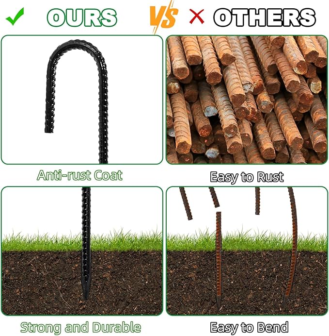 Hacaroa 20 Pack 12 Inch Rebar Stakes Heavy Duty, J Hook Ground Anchors Metal Tent Stakes, Steel Garden Stake for Camping, Canopies, Chain Link Fences, Trampolines, Black