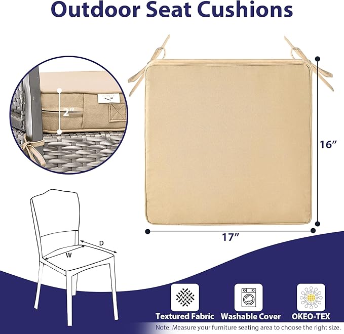 Outdoor Chair Cushions Set of 4 -Waterproof Outdoor Seat Cushions for Patio Furniture, Patio Chair Cushion with Handle and Ties, Square Out Door Chair Pads,17" x 16" x 2",Beige