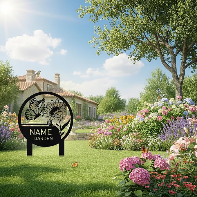 Custom Metal Garden Sign with Stake, Personalized Butterfly Flower Garden Signs for Outside, Customized Garden Name Signs for Yard Lawn Outdoor Decor Gardening Gifts for Moms Grandmas Gardeners