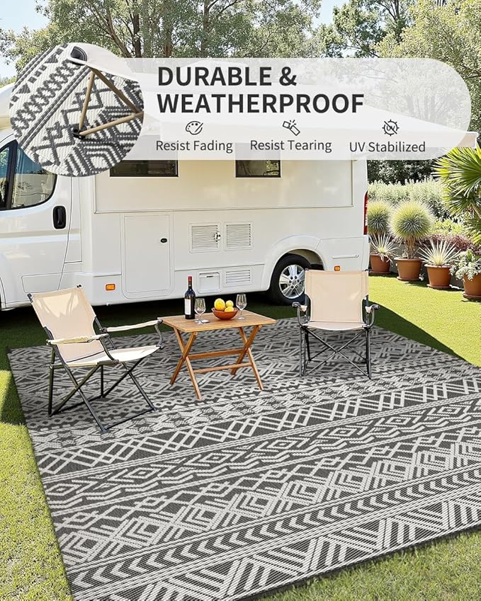 MontVoo Outdoor Rug 8x10 Waterproof Outdoor Patio Rug Mat Reverisble Plastic Straw Outdoor Rug for RV Camping Picnic Beach Balcony Boho Grey