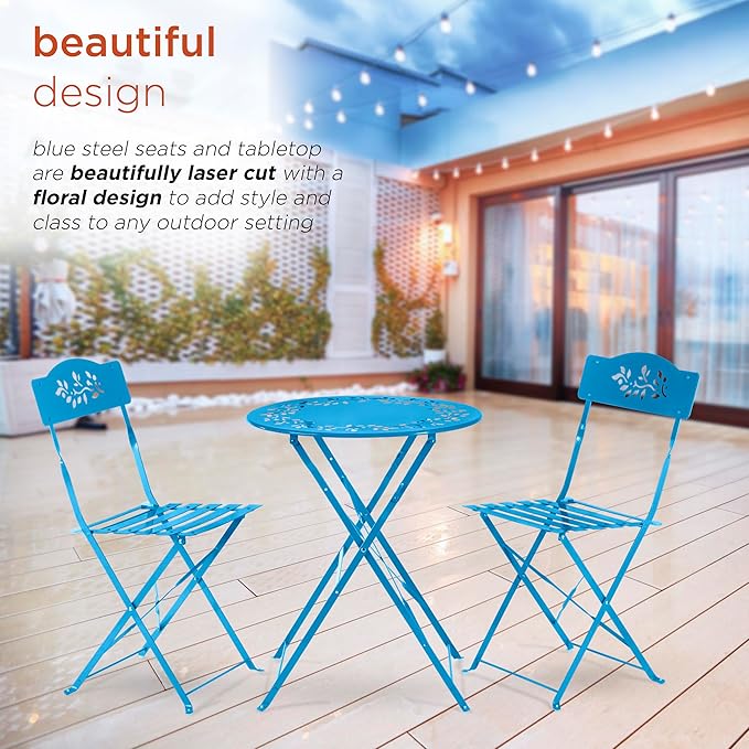 Alpine Corporation 3-Piece Bistro Set with Folding Table and 2 Chairs, Durable Steel Indoor/Outdoor Patio Furniture, Compact Seating, Blue
