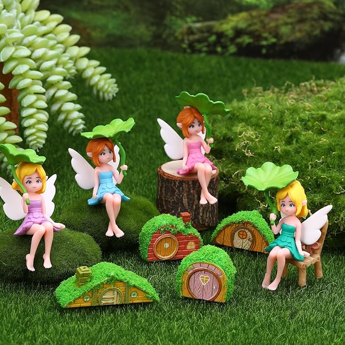 32 PCS Mini Fairy Garden Accessories Kit Miniature Garden Ornaments Included Resin House Statues Tiny Fairies Figurines Animal Plant Set for DIY Terrarium Potted Plants Dollhouse Desk Decor
