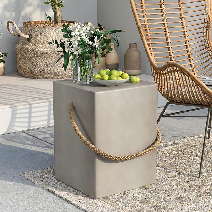 SUNBURY Outdoor Side Table, 18" H Concrete Side Table w Hemp Rope, End Table for Patio, Outdoor Coffee Table in Medium Gray, Garden Plant Stands