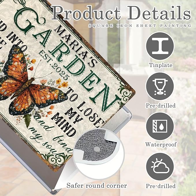 Custom Garden Signs Personalized Metal Tin Sign for Women, Retro Funny Butterfly Metal Sign for Outdoor, Patio, Yard Rustic Home Decor Gift for Mothers Day, Grandmas, and Gardening Lovers