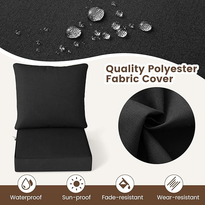 Giantex Patio Cushion Set, Outdoor Chair Seat Pads w/Non-Slip Rope Belts, Detachable Patio Furniture Cushions, Thick Seat Cushion & Back Cushion for Living Room Floor Sofa Patio Garden Chair (Black)
