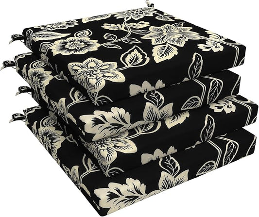 LVTXIII Outdoor Seat Cushions Set of 4 Square Corner Chair Cushions with Ties, Patio Chair Pads for Home Office and Patio Garden Furniture Decoration 19"x19"x2", Elegant Vines Black